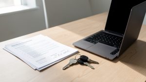 Bureau professionnel minimaliste avec documents administratifs, clés d’appartement et ordinateur portable, lumière naturelle douce et ambiance épurée.