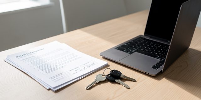 Bureau professionnel minimaliste avec documents administratifs, clés d’appartement et ordinateur portable, lumière naturelle douce et ambiance épurée.