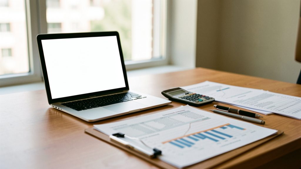 Bureau de PME lumineux avec ordinateur, tableurs financiers, calculatrice et documents professionnels.