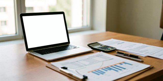 Bureau de PME lumineux avec ordinateur, tableurs financiers, calculatrice et documents professionnels.