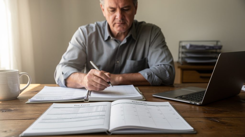 Un homme propriétaire-bailleur examine des documents fiscaux et un calendrier d’échéances sur un bureau en bureau à domicile, en journée, avec une lumière naturelle.