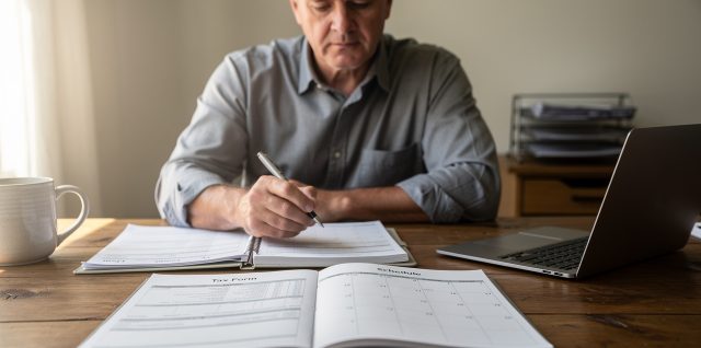 Un homme propriétaire-bailleur examine des documents fiscaux et un calendrier d’échéances sur un bureau en bureau à domicile, en journée, avec une lumière naturelle.