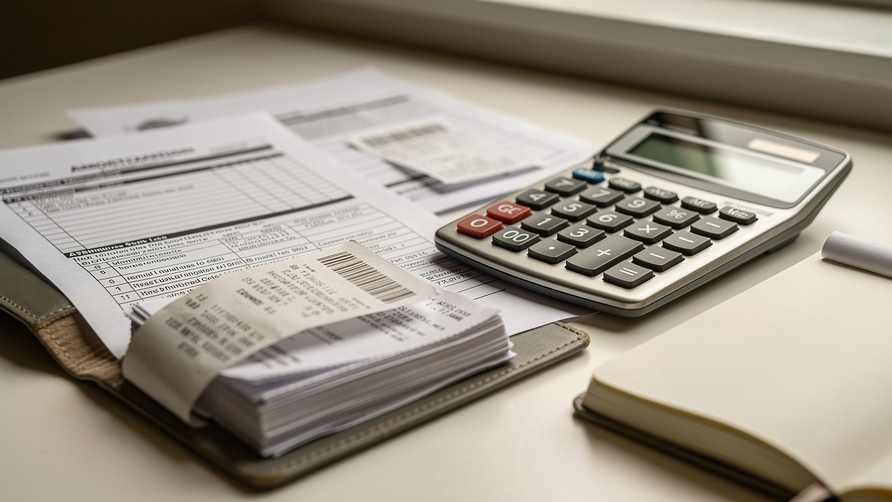 Vue rapprochée d’un bureau de comptabilité pour une location meublée, avec des documents fiscaux, des feuilles de calcul d’amortissements et un dossier de régularisation, éclairage naturel et ambiance professionnelle.