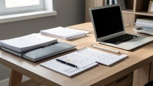 Bureau sobre et bien rangé avec dossier locatif, calendrier, ordinateur portable et documents administratifs classés.