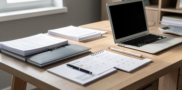 Bureau sobre et bien rangé avec dossier locatif, calendrier, ordinateur portable et documents administratifs classés.