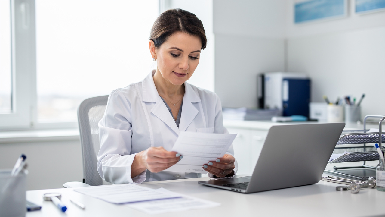 Médecin libérale dans un cabinet lumineux, consultant des documents comptables non lisibles à côté d’un ordinateur portable.