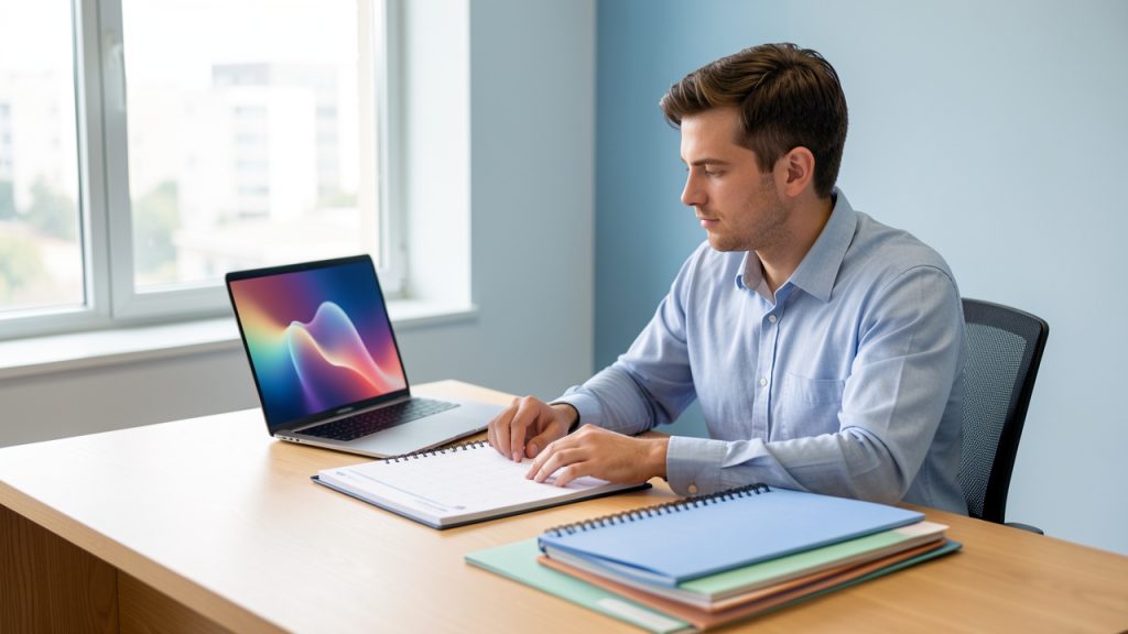 Soignant libéral organisant un calendrier administratif et des dossiers rangés sur un bureau lumineux, avec un ordinateur portable ouvert.
