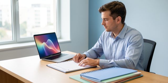 Soignant libéral organisant un calendrier administratif et des dossiers rangés sur un bureau lumineux, avec un ordinateur portable ouvert.