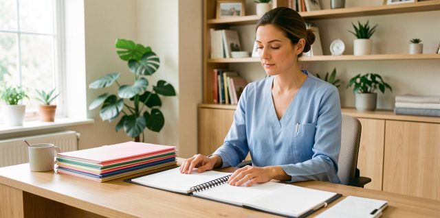 Une soignante organise des dossiers et son agenda sur un bureau professionnel dans un cabinet lumineux.