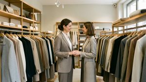 Intérieur sobre et professionnel d’une boutique française de prêt-à-porter, avec une vendeuse conseillant une cliente devant des portants de vêtements soigneusement organisés.