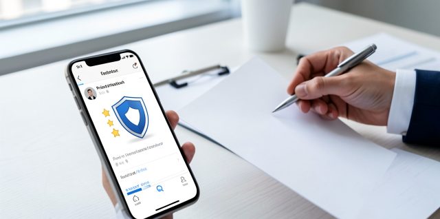 Bureau professionnel montrant un smartphone avec des étoiles anonymisées, un symbole de protection de la vie privée et une mise en page publicitaire vierge examinée pour conformité.