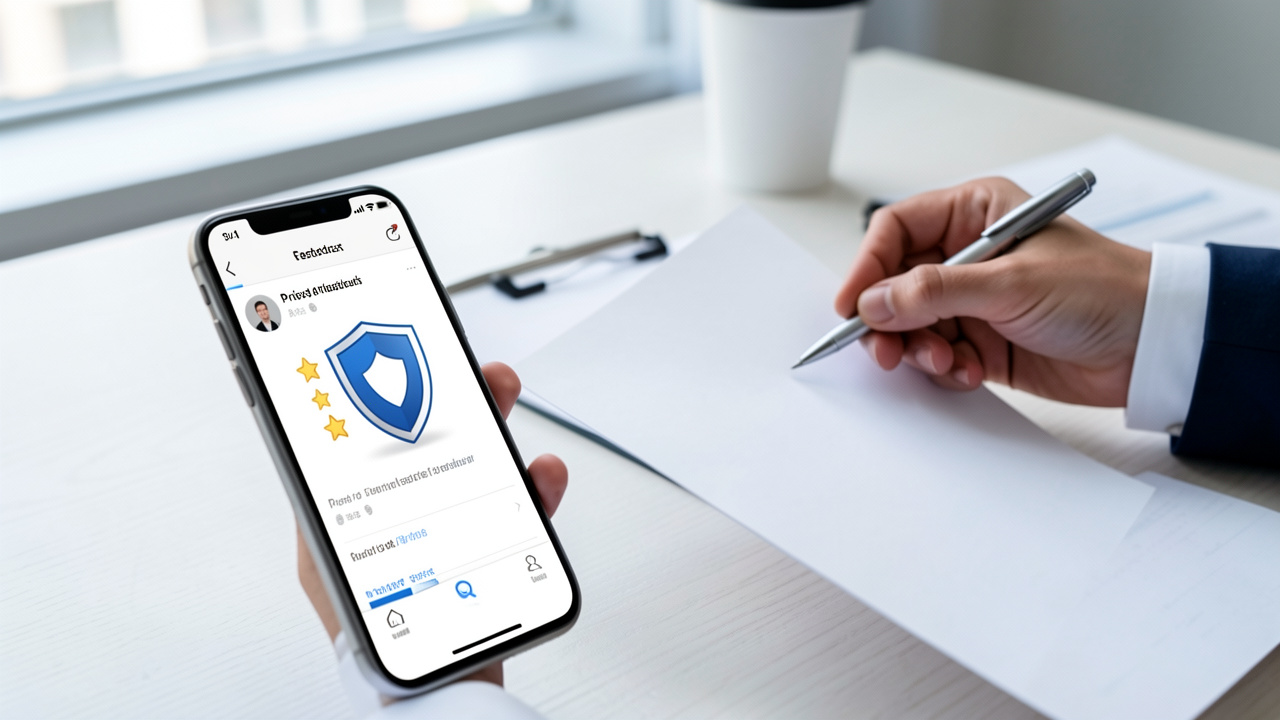 Bureau professionnel montrant un smartphone avec des étoiles anonymisées, un symbole de protection de la vie privée et une mise en page publicitaire vierge examinée pour conformité.