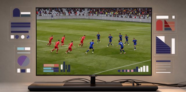 Écran de télévision présentant un match de football espagnol, accompagné d’interfaces de diffusion en continu et de graphiques d’audience abstraits.