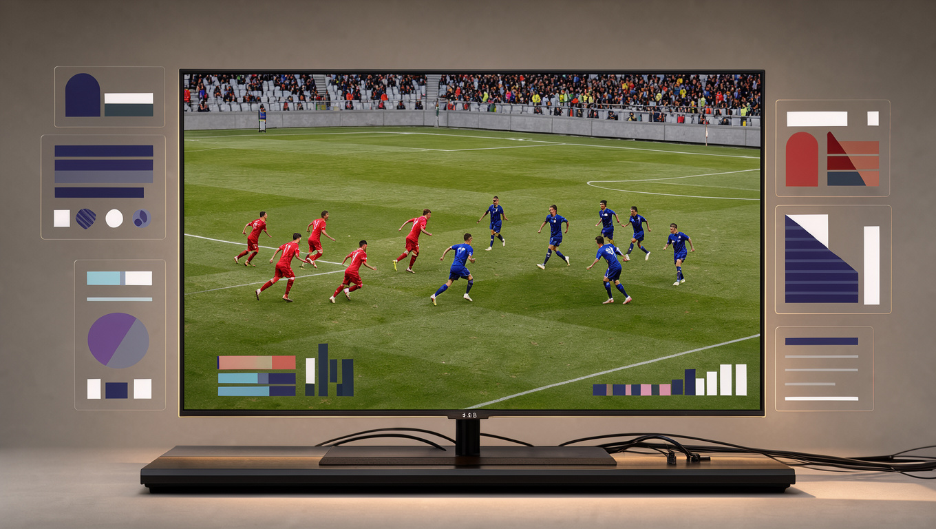 Écran de télévision présentant un match de football espagnol, accompagné d’interfaces de diffusion en continu et de graphiques d’audience abstraits.