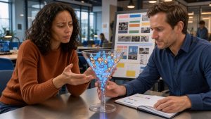 Un homme et une femme analysent ensemble un entonnoir de prospects et comparent une campagne marketing à une stratégie commerciale dans un bureau moderne.