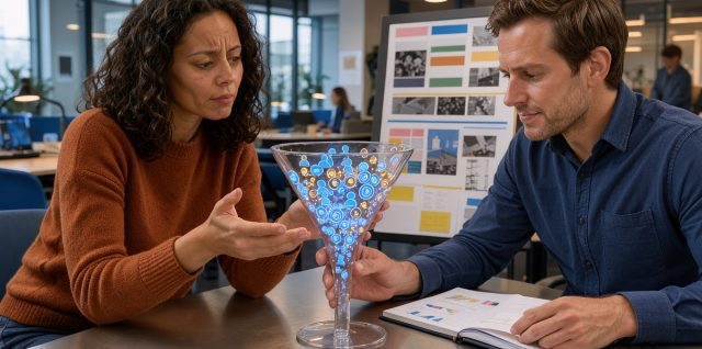 Un homme et une femme analysent ensemble un entonnoir de prospects et comparent une campagne marketing à une stratégie commerciale dans un bureau moderne.