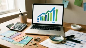 Bureau d’une PME présentant des outils d’analyse financière et marketing pour mesurer la rentabilité des campagnes avant de réduire le budget.