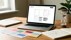 Espace de travail créatif montrant la préparation rapide d’une refonte d’identité visuelle et de site web pour une PME, avec ordinateur, palettes de couleurs, croquis et sablier.