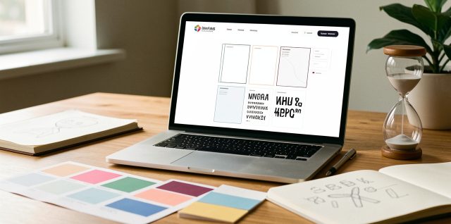 Espace de travail créatif montrant la préparation rapide d’une refonte d’identité visuelle et de site web pour une PME, avec ordinateur, palettes de couleurs, croquis et sablier.