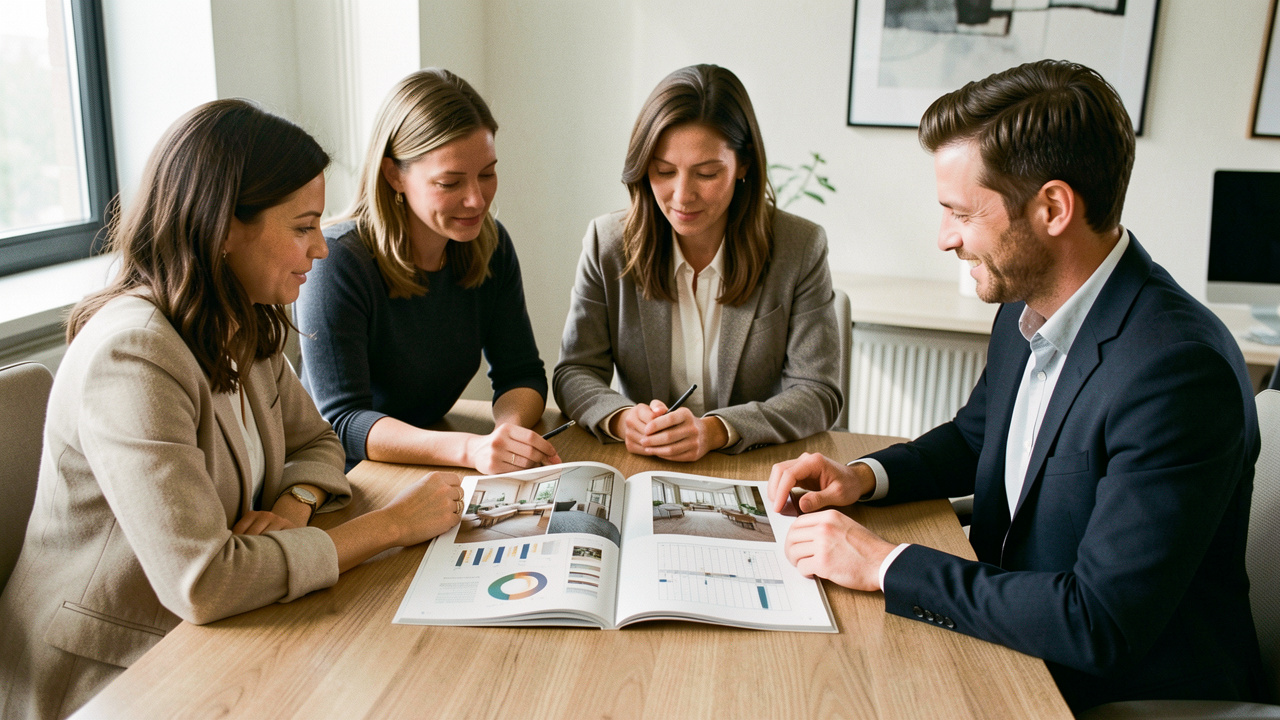 Réunion professionnelle sobre autour d’un magazine de décoration ouvert, de graphiques abstraits et de grilles de planification média sur une table en bois.